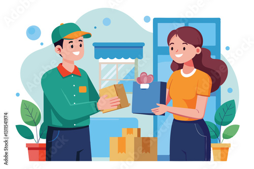 A delivery person presents a package to a happy recipient at her residence, showcasing a joyful exchange, Receive goods from the delivery service trending