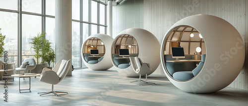 Tranquil office space with spherical designs and chic furniture, promoting a focused atmosphere-3