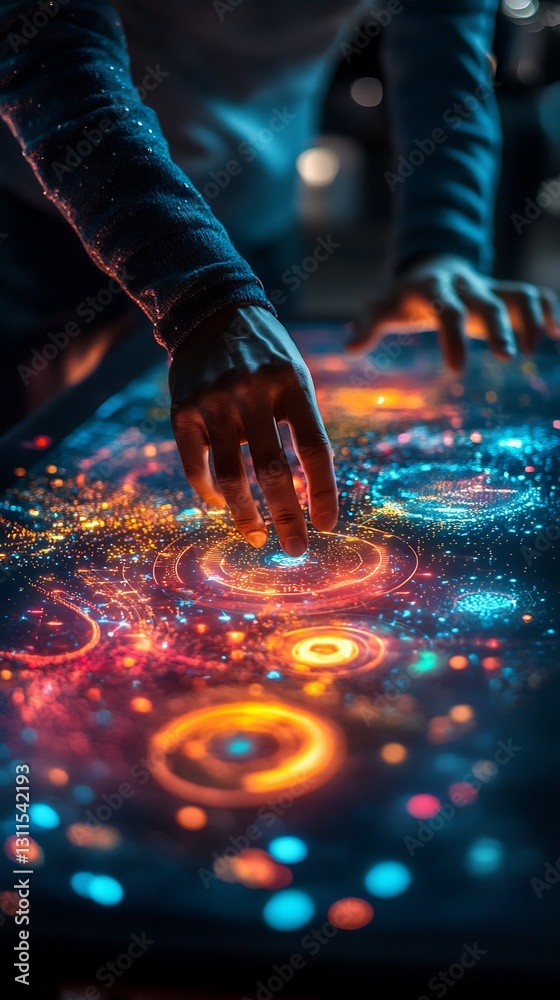 Hands interacting with a futuristic interactive display showing a colorful nebula. Hands interacting with a futuristic interactive display showing a colorful nebula.