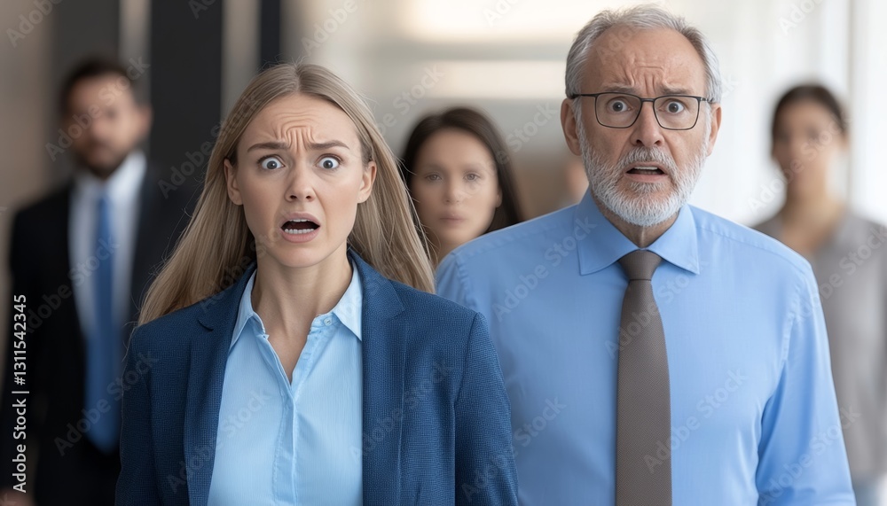 Shocked Businesspeople in Office, Panic, Stress, Negative Emotions, Company Crisis Concept Shocked Businesspeople in Office, Panic, Stress, Negative Emotions, Company Crisis Concept