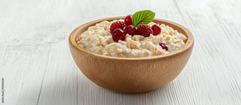 Wheat flakes porridge topped with raspberries and currants in a wooden bowl against a white wooden background with a linen textile side view Wheat flakes porridge topped with raspberries and currants in a wooden bowl against a white wooden background with a linen textile side view