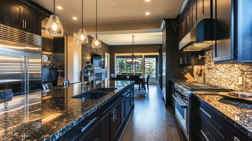 Black and dark wood tones blend in modern kitchen design with daylight illuminating sleek countertops and cabinets-3