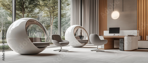 Tranquil office space with spherical designs and chic furniture, promoting a focused atmosphere-4