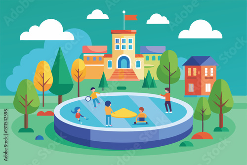 Kids are playing in a vibrant sandbox outside their school, surrounded by trees and colorful buildings, Recess Customizable Flat Illustration