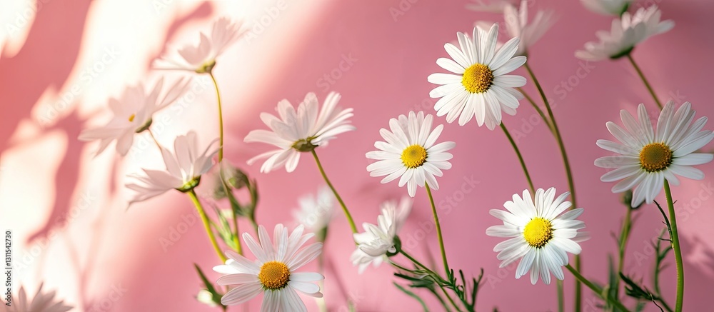White chamomile flowers with yellow centers against a soft pink background illuminated by gentle sunlight casting delicate shadows.