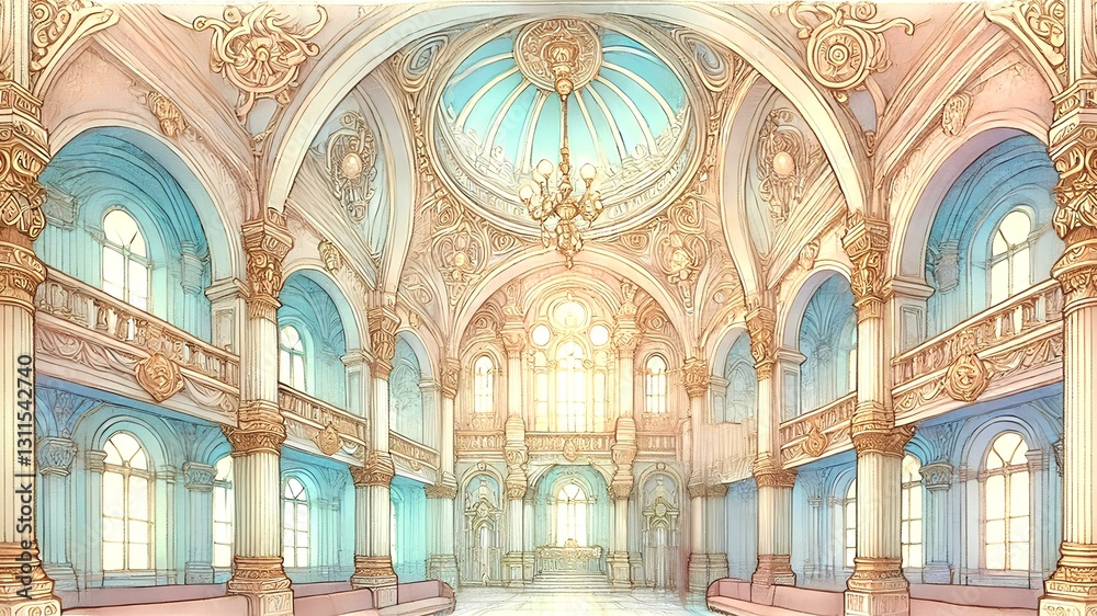 Obraz premium アールヌーボー風のメルヘンな色合いの神殿のイラスト