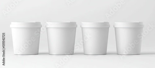 Four empty white disposable cups arranged in a row on a light gray background, showcasing a clean and minimalist design for various uses. photo