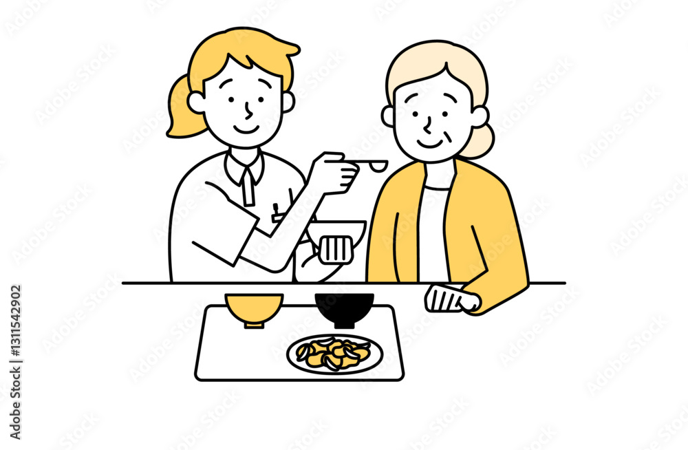 高齢女性の食事介助のベクターイラスト 介護士 老人ホーム