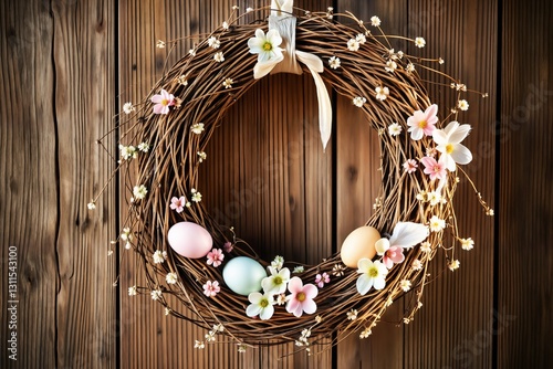 Handgefertigter Osterkranz aus verflochtenen Weidenzweigen mit pastellfarbenen Eiern, Frühlingsblumen und Federn. Hängt vor rustikalem Holz, weiches Licht betont die Texturen.