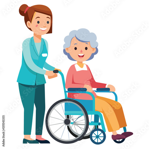a nurse is taking care of a wheel chair patient vector