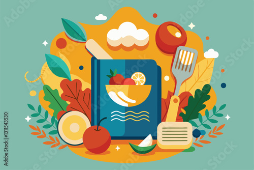 This design features a vibrant recipe book surrounded by fresh fruits, vegetables, and cooking utensils, Recipe book concept,