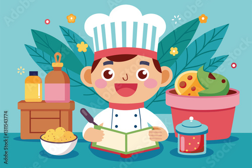 A happy chef in a cartoon style reviews a recipe book among colorful ingredients and kitchen tools, Recipe book Customizable Cartoon Illustration