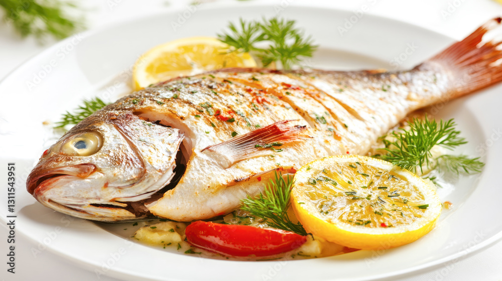 Grilled dorade with lemon and herbs on white plate - delicious seafood dish Grilled dorade with lemon and herbs on white plate - delicious seafood dish