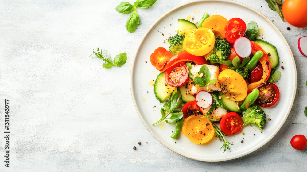 Fresh colorful vegetable salad with tomatoes, cucumbers, and peppers on white plate Fresh colorful vegetable salad with tomatoes, cucumbers, and peppers on white plate