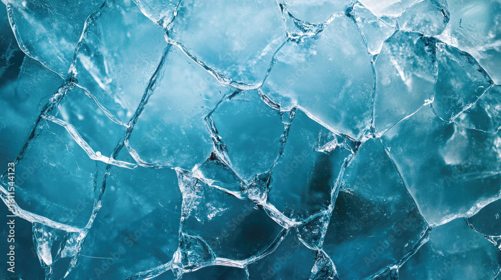 Fototapeta premium Cracked ice surface with blue hues and textures