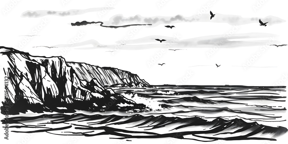 Fototapeta premium Coastal Ink Painting with Bold Black Lines and Soothing Ocean Waves