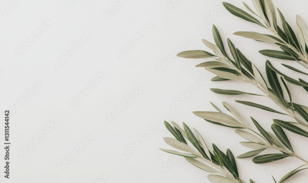 Fototapeta premium Olive Branches on White Background Minimalist Nature Photography