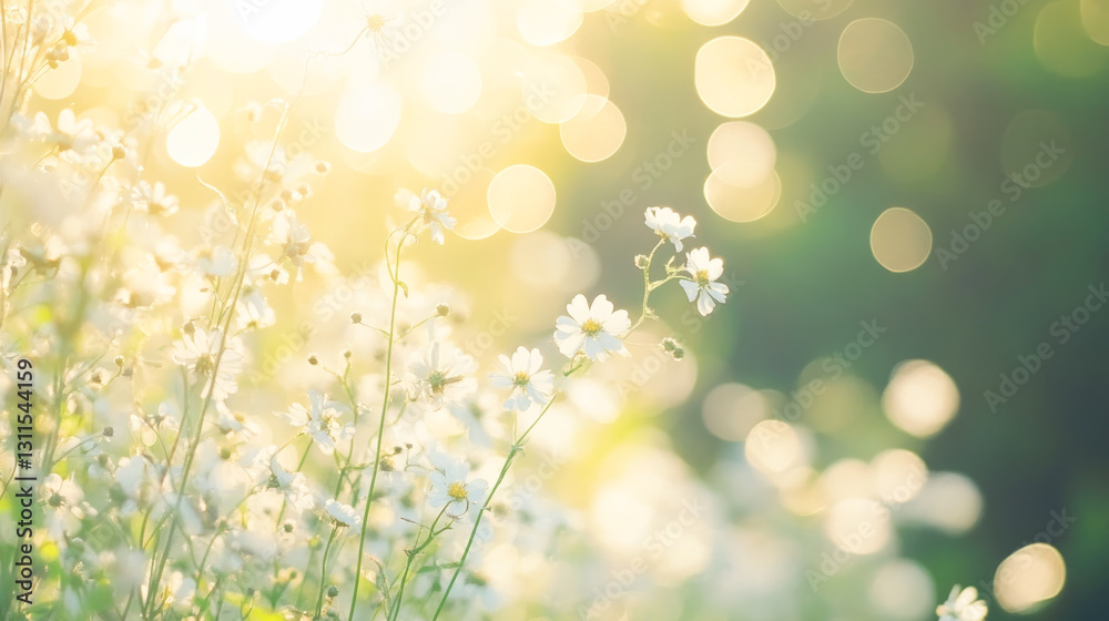Obraz premium Sunlit white daisies in bloom with soft bokeh background