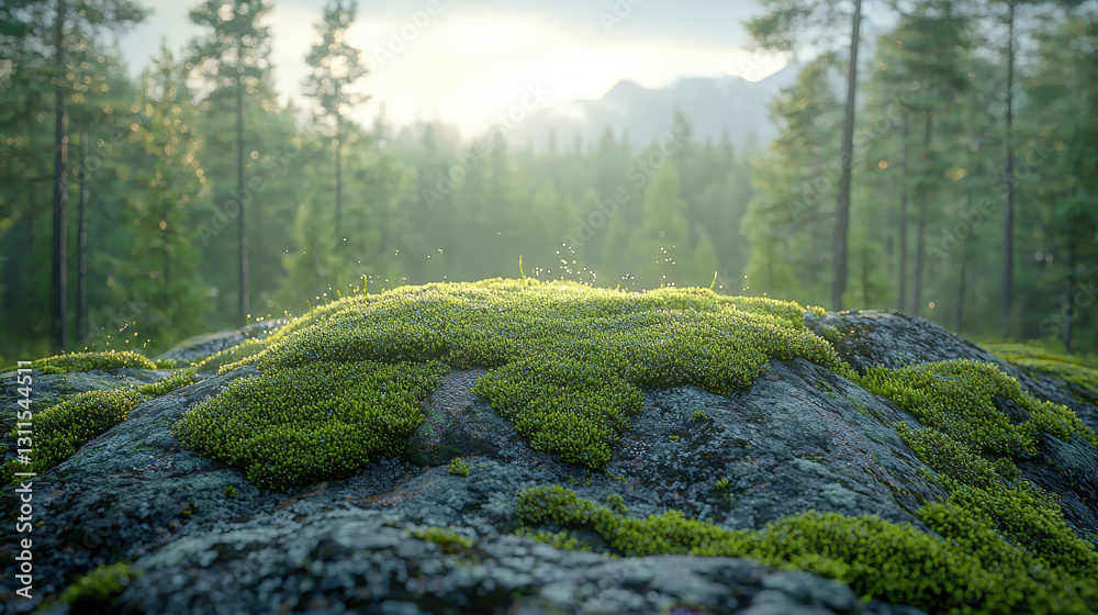 Fototapeta premium Fresh green moss blankets stones in a serene high-altitude forest morning