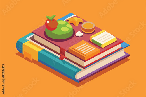 A detailed isometric illustration showcases a customizable recipe book adorned with various desserts and fruits, Recipe book Customizable Isometric Illustration