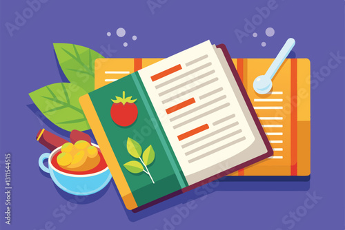A vibrant illustration showcases a customizable recipe book surrounded by fresh ingredients and cooking tools, Recipe book Customizable Semi Flat Illustration