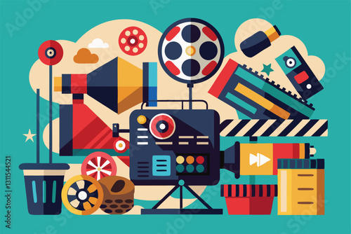 Colorful collection of film recording equipment and accessories arranged artistically in a creative design, Recording a movie Customizable Disproportionate Illustration