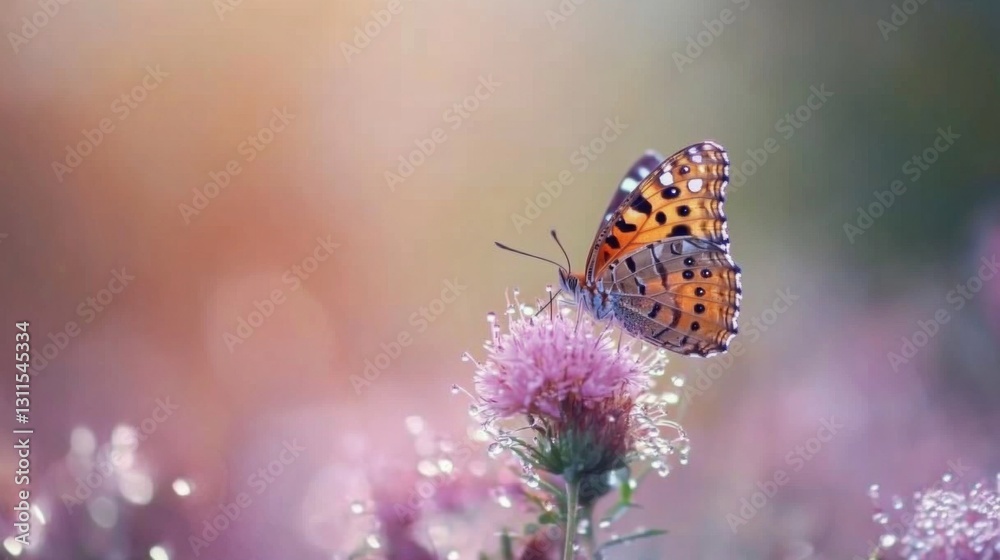 Obraz premium A butterfly perched on a dew-covered flower, highlighting the delicate relationship between nature and its creatures, creating a captivating moment in the wild.