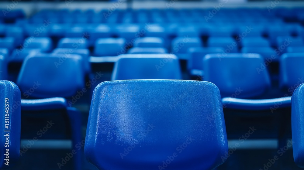 Obraz premium In a wide football stadium, rows of blue stadium seats are neatly lined up, displaying a clean and modern design.