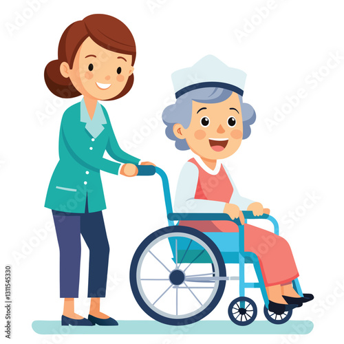 a nurse is taking care of a wheel chair patient vector