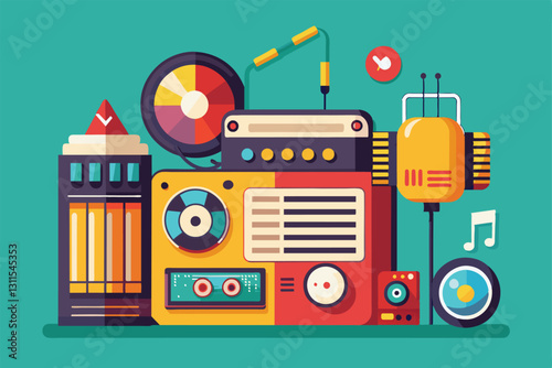 A colorful display of retro recording equipment showcases customizable elements and artistic design, Recording Customizable Flat Illustration