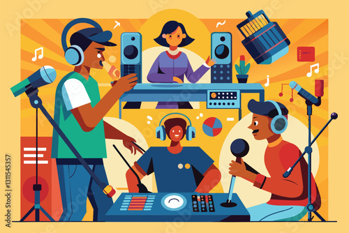 A lively group of individuals engages in a creative recording session using various tools and equipment, Recording Customizable Disproportionate Illustration