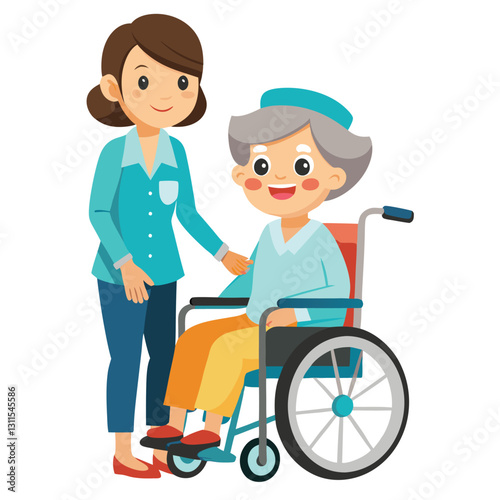 a nurse is taking care of a wheel chair patient vector
