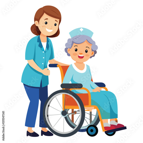 a nurse is taking care of a wheel chair patient vector