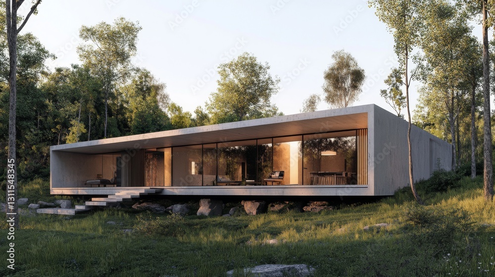 A panoramic view of a minimalist house surrounded by nature, showcasing the harmonious relationship between architecture and the natural environment. A panoramic view of a minimalist house surrounded by nature, showcasing the harmonious relationship between architecture and the natural environment.