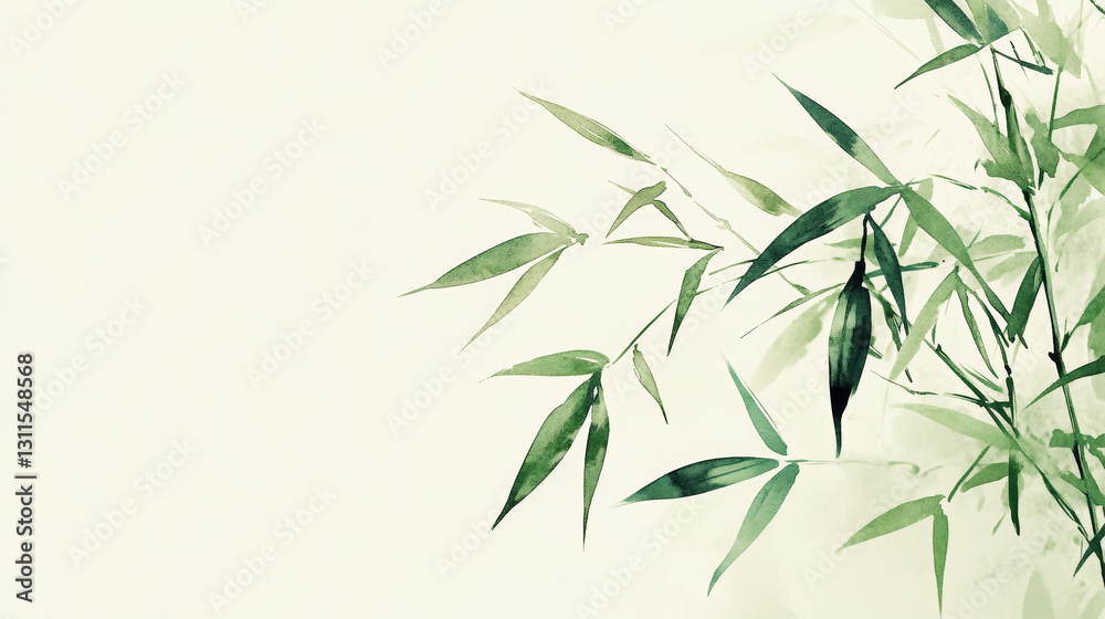 Fototapeta premium Aquarel ink painting of flying bamboo leaves, minimalist, oriental brushwork, light background. Generative AI