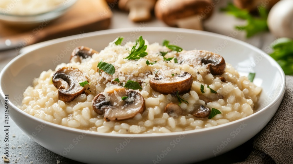 A steaming bowl of creamy risotto with mushrooms, garnished with fresh herbs and parmesan, capturing the essence of comfort food in Italian cuisine. A steaming bowl of creamy risotto with mushrooms, garnished with fresh herbs and parmesan, capturing the essence of comfort food in Italian cuisine.