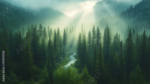 Green forest trees. Fog and light above mountains. River flows through woods. Beautiful nature landscape. Aerial view. Serene outdoor background. Peaceful scene.
