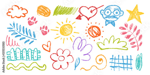 Collection of Funny Naive Multicolored Doodles Hand Drawn with Pencil and Charcoal. Colorful scribbles with happy vibes and grunge texture. Banner with random wobbly shapes