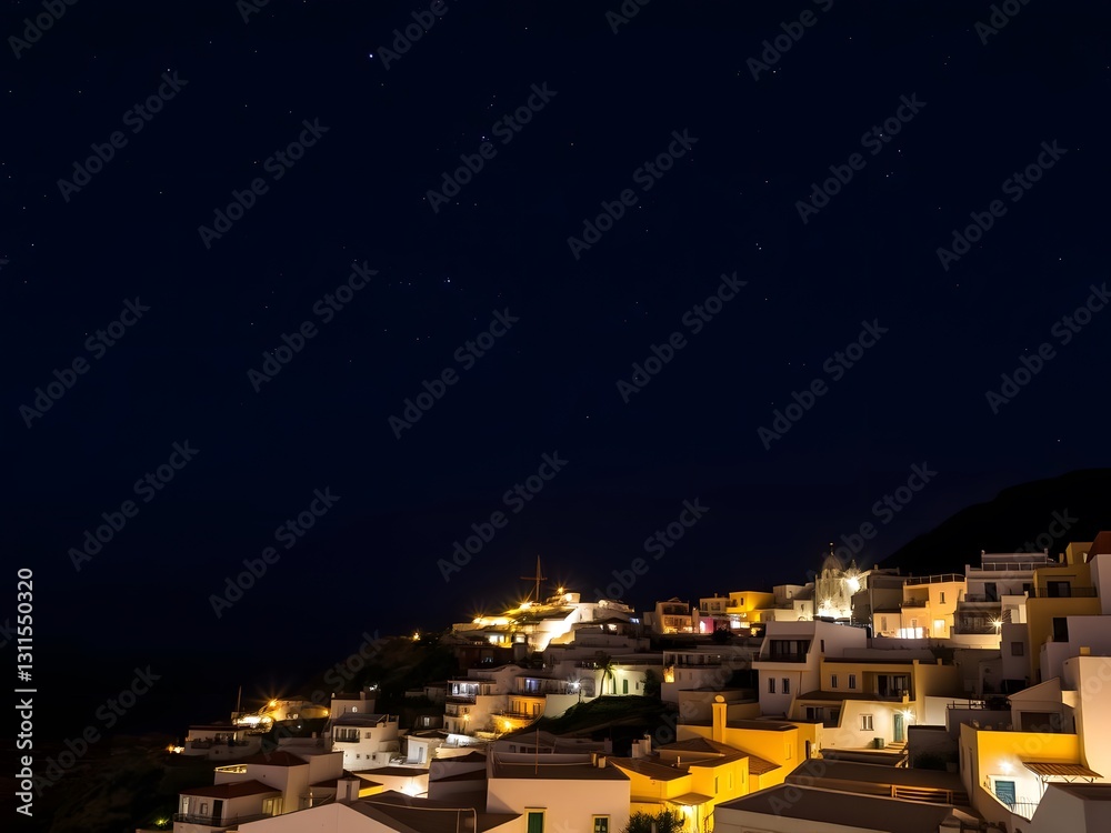Naklejka premium Nighttime Glow of Oia City Street Lights and Illuminated Buildings Against a Starry Sky