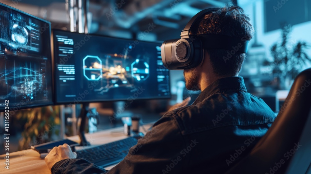 A designer working on a new VR game in a high-tech studio, surrounded by holographic screens and modern tools A designer working on a new VR game in a high-tech studio, surrounded by holographic screens and modern tools