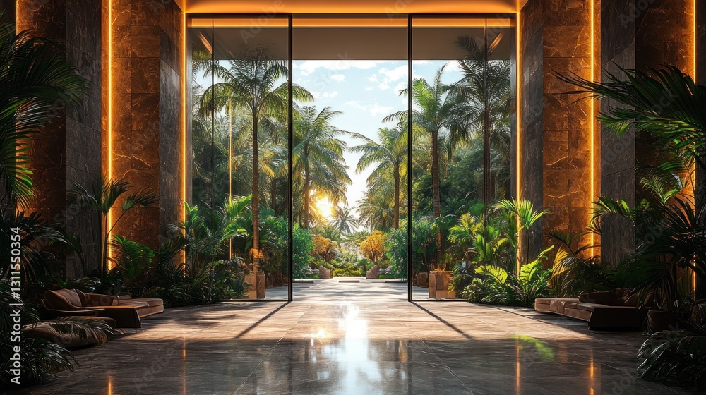 Fototapeta premium Modern Lobby Opens to Tropical Garden
