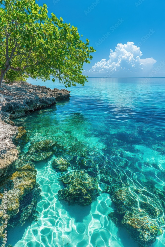 Fototapeta premium Clear ocean water near rocky shore. Bright sun shines on turquoise sea. Tree leaves hang above water. Clean and transparent water reflects sunlight.