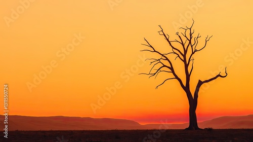 Climate change drought idea. A solitary tree against a vivid orange sunset in a serene landscape.