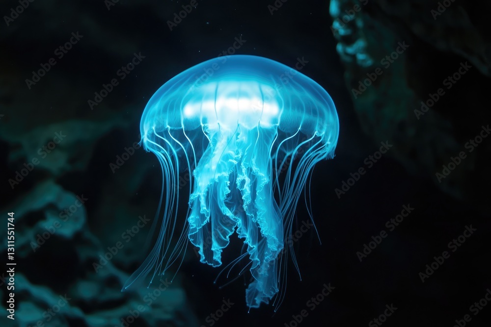 A glowing jellyfish illuminating a dark underwater cave A glowing jellyfish illuminating a dark underwater cave