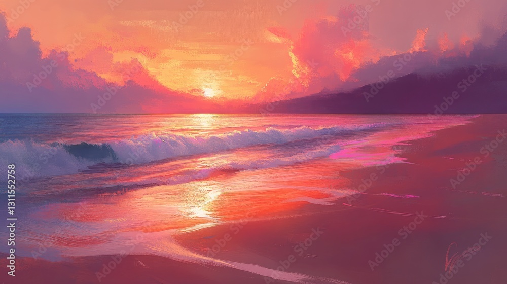Serene Sunset Over Calm Ocean Waves and Sparkling Shoreline in Vibrant Colors Serene Sunset Over Calm Ocean Waves and Sparkling Shoreline in Vibrant Colors