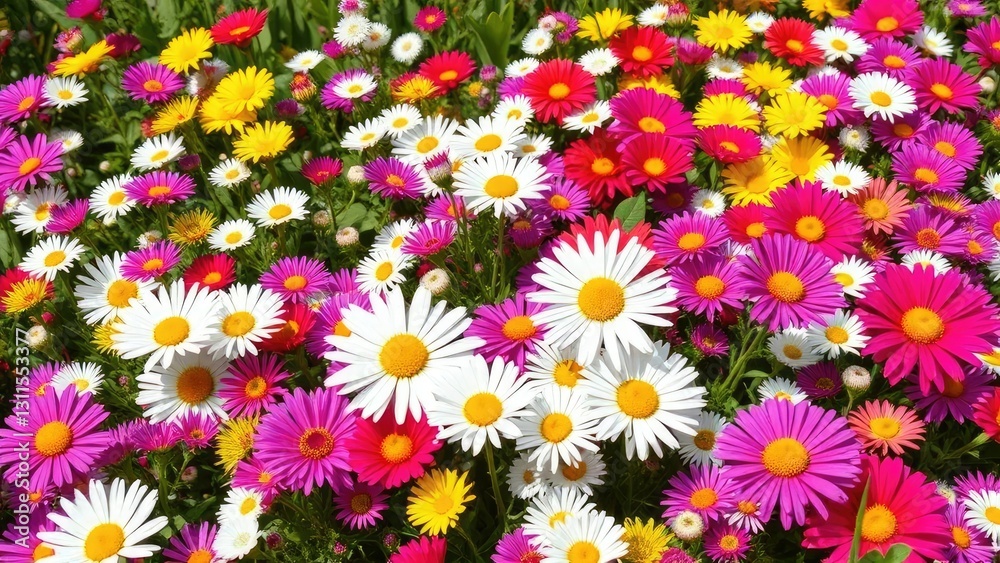 Fototapeta premium Colorful patchwork of flowers including daisies and clover in a sunny meadow, flowers, petals