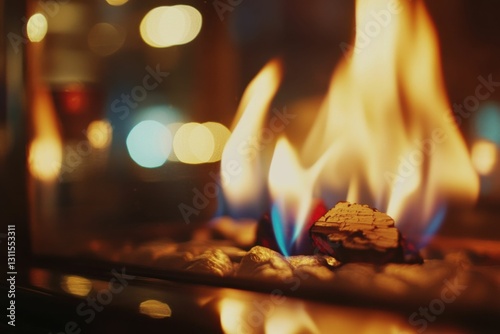 Gas Log Fireplace with Flames in Cozy Evening Ambience