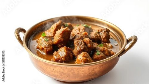 Copper brass bowl filled with steaming hot mutton curry on a white background, steam, meal