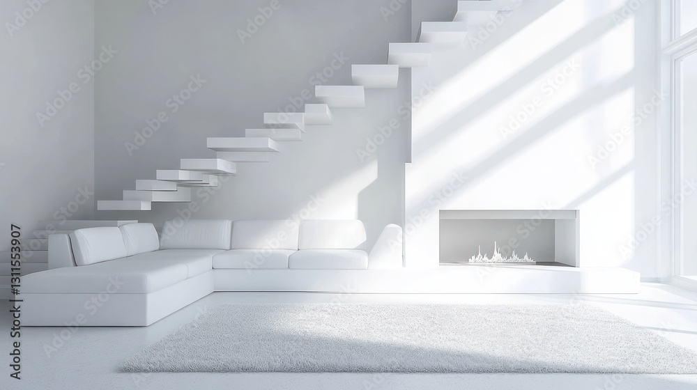 Fototapeta premium Modern white living room with floating staircase, fireplace, sunlight