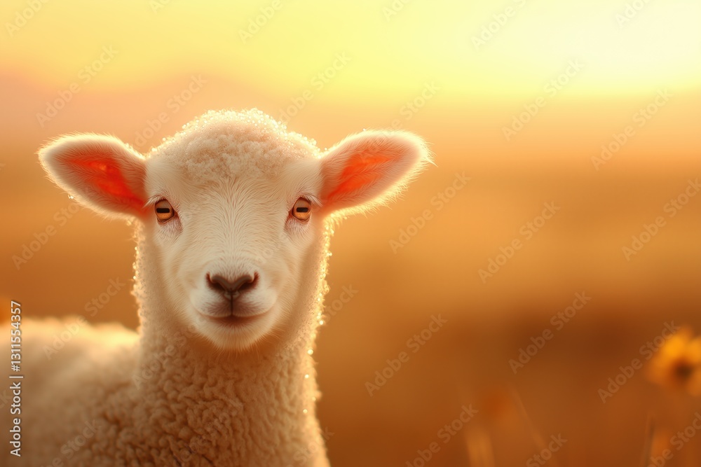 Fototapeta premium Cute lamb in golden sunlight grazing in a meadow with a serene landscape background during sunset
